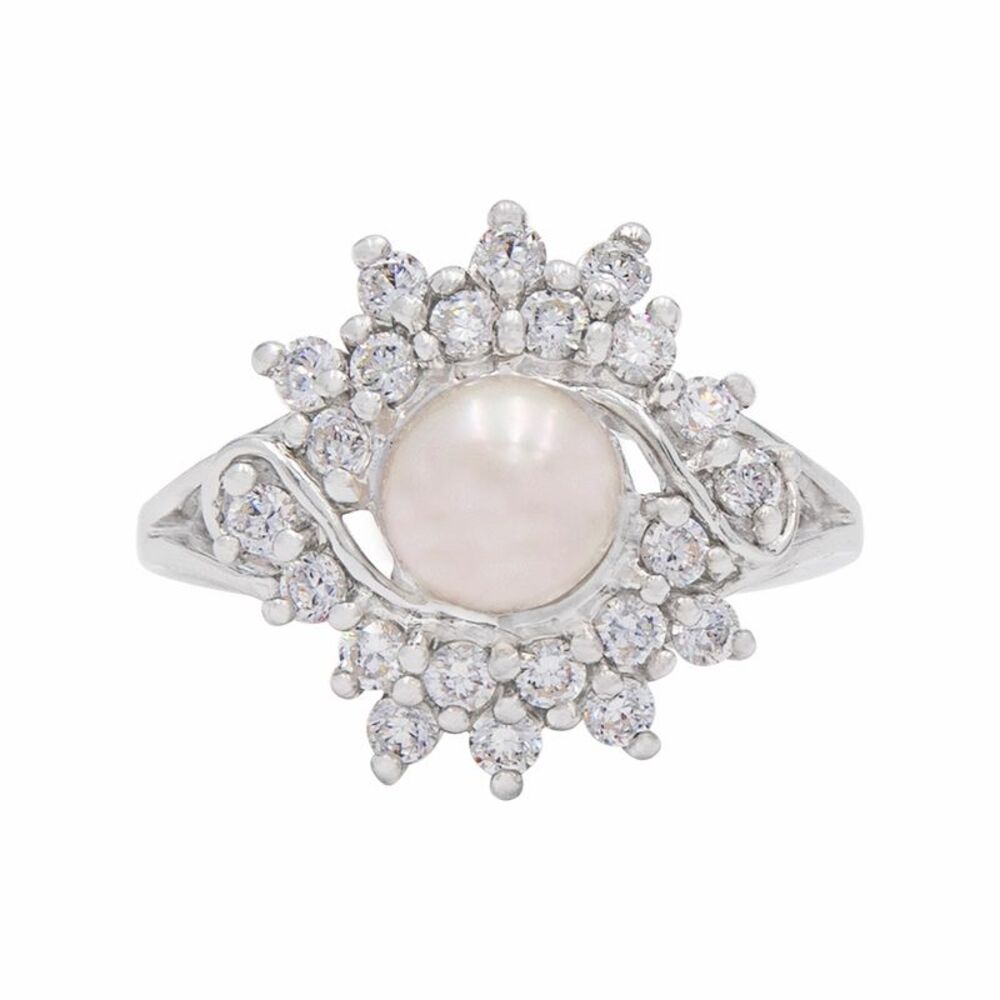 Gold Coast Freshwater Pearl Cubic Zirconia Sunburst Platinum Plated Ring, Size 6